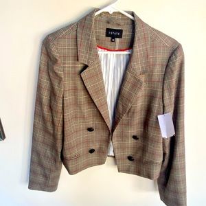 1 State Cropped Brown Plaid Blazer.  Double Breasted. Size 12. NWT
